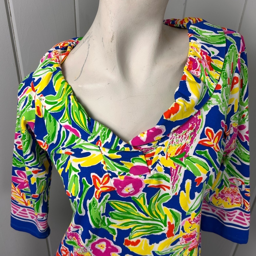 Barbara Erickson Tropical Parrot Print Dress 3/4 Sleeve Resort Shift small - Picture 3 of 7